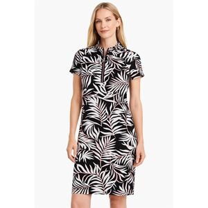 Chicos Tropical Print Zip Neck Shift Dress Size 2 L White Black Teacher Coastal